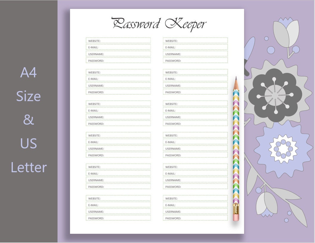 Password Protection Reminders Remember Passwords, Password Keeper, Password Reminder, A4 & US Letter ...