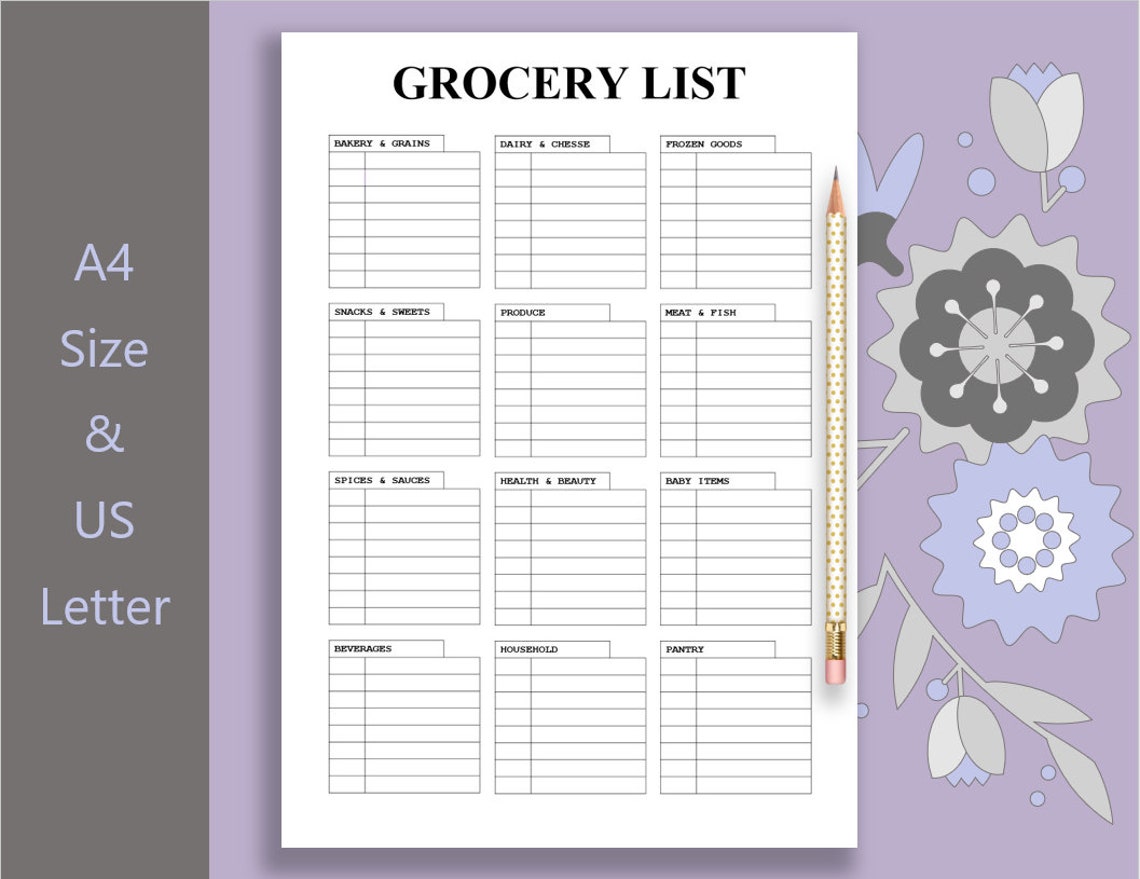 Grocery List, Grocery List Printable, Organize Template, Instant