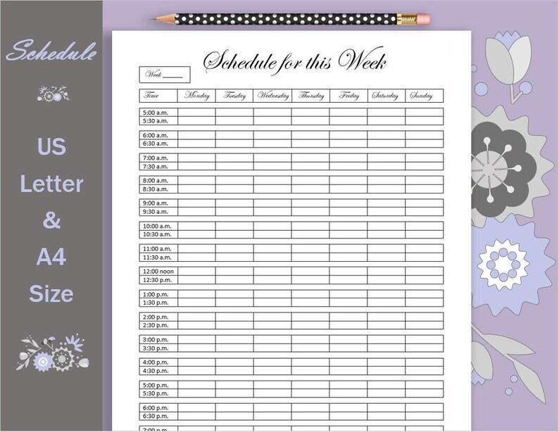 Puede incluir: Un planificador semanal en blanco y negro con un dise&ntilde;o floral en el lado derecho. El planificador tiene una secci&oacute;n para cada d&iacute;a de la semana e incluye franjas horarias de 5:00 am a 7:00 pm.