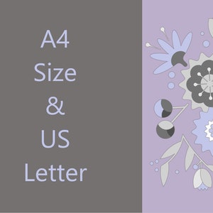 Puede incluir: Texto A4 Size & US Letter sobre un fondo gris con un fondo morado con un dise&ntilde;o floral en tonos grises, blancos y azules.