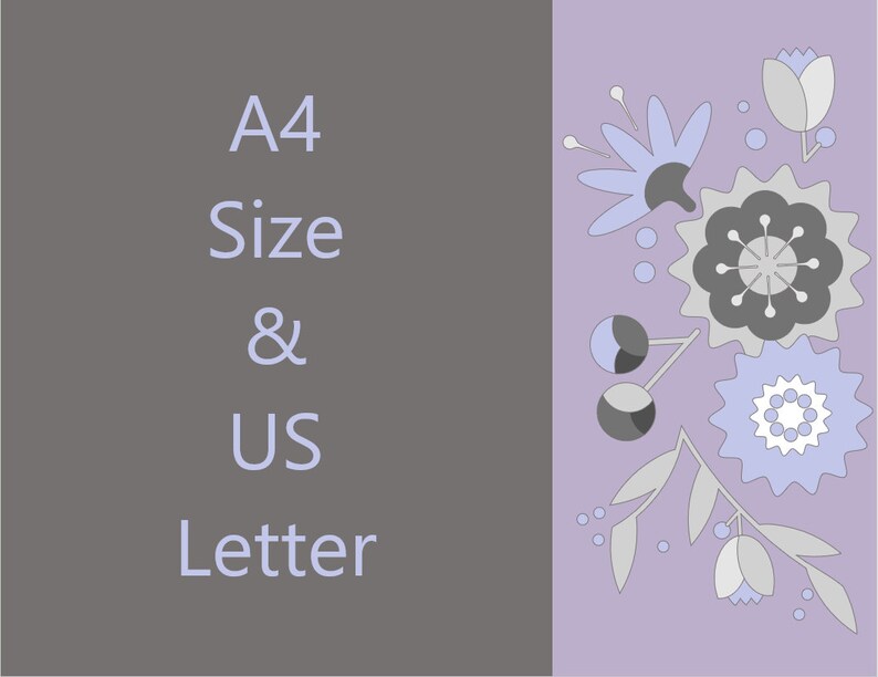 Puede incluir: Texto A4 Size & US Letter sobre un fondo gris con un fondo morado con un dise&ntilde;o floral en tonos grises, blancos y azules.