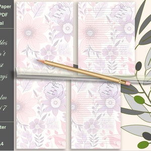 Könnte beinhalten: Druckbares Schreibpapier mit einem floralen Design in Rosa- und Lilatönen. Das Papier enthält ein Zitat aus Psalm 34,17: "Die Sorgen dauern nicht immer an." Das Papier ist in den Formaten US Letter und DIN A4 erhältlich.