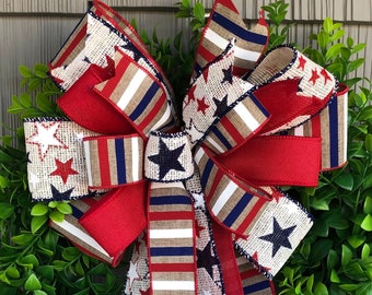 Red, White & Blue Patriotic Bow, Fourth of July Bow, Patriotic Bow, July 4th Bow, Farmhouse, Summer, Wreath Bow, Lantern Bow, Mailbox Box
