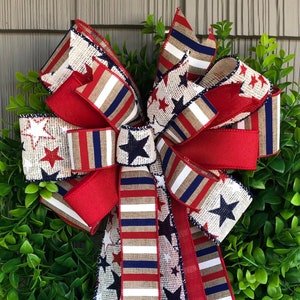 Red, White & Blue Patriotic Bow, Fourth of July Bow, Patriotic Bow, July 4th Bow, Farmhouse, Summer, Wreath Bow, Lantern Bow, Mailbox Box