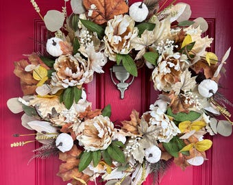 Fall Peony Pumpkin Greenery Wreath for Front Door, Fall Floral Wreath, Autumn Wreath, Fall Decor, Thanksgiving Pumpkin Peony Berry Wreath