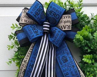 Thin Blue Line Police Bow for Lantern, Police Support Bow, Police Bow, Black Blue Bow, Wreath Bow, Mailbox Bow, Support Police Bow, Gift Bow