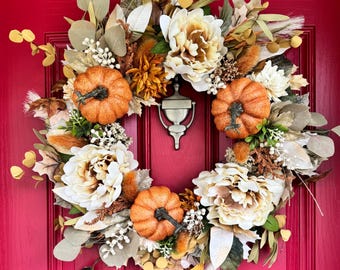 Fall Peony Pumpkin Greenery Wreath for Front Door, Fall Floral Wreath, Autumn Wreath, Fall Decor, Thanksgiving Pumpkin Peony Berry Wreath