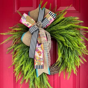 Bead Grass Grapevine Wreath for Front Door with Designer Bow, Spring Summer Neutral Everyday Greenery Wreath, Farmhouse Button Fern Wreath