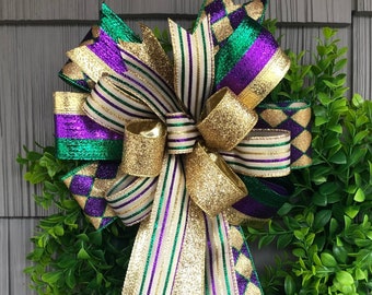 Mardi Gras Bow for Lantern, Mardi Gras Wreath Bow, Mardi Gras Wedding Bow, Mardi Gras Decor, New Orleans Bow, Fat Tuesday Bow, Mardi Gras