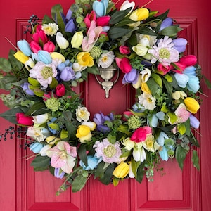 Spring Summer Tulip Grapevine Wreath for Front Door, Spring Summer Grapevine Wreath, Greenery Wreath, Mother&#39;s Day Gift, Easter Tulip Wreath