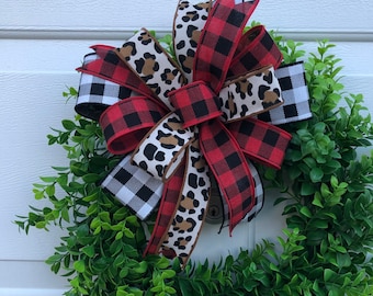 Leopard Buffalo Plaid Bow for Lantern, Leopard Christmas Bow, Cheetah Wreath Bow, Lantern or Mailbox Cheetah Bow, Leopard Buffalo Check Bow