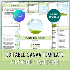 May include: An editable Canva template for a crochet pattern. The design features a green and white color scheme with floral accents. The template includes sections for pattern name, skill level, and author information. A digital download is available.