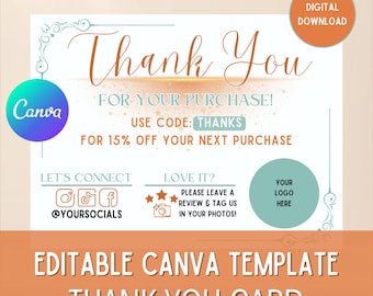 Thank You Card Canva Template |DIGITAL DOWNLOAD |Customizable |Orange and Teal |Packaging Insert |Small Business Thank You Cards|