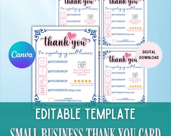 CANVA TEMPLATE | Small Business Thank You Card |Printable Thank You Cards for Small Business | Packaging Insert Socials