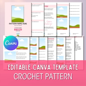 Puede incluir: Una plantilla de Canva rosa y blanca para un patrón de ganchillo. La plantilla incluye secciones para el nombre del patrón, el nivel de habilidad, la información del autor y los detalles de las rondas. Se muestra el texto "EDITABLE CANVA TEMPLATE CROCHET PATTERN".