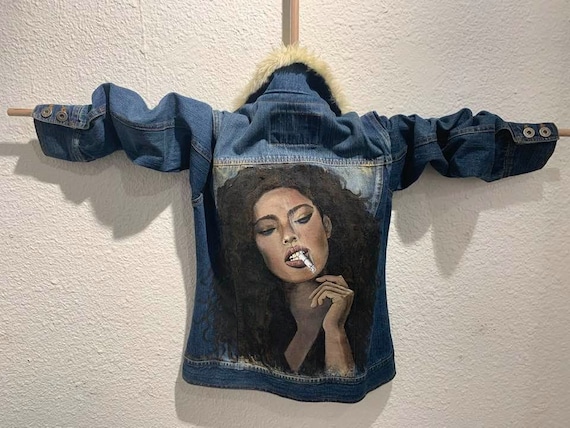 Unique Hollister Denim Jacket Hand Painted by Artist "Smoking Hot Girl" Sz S
