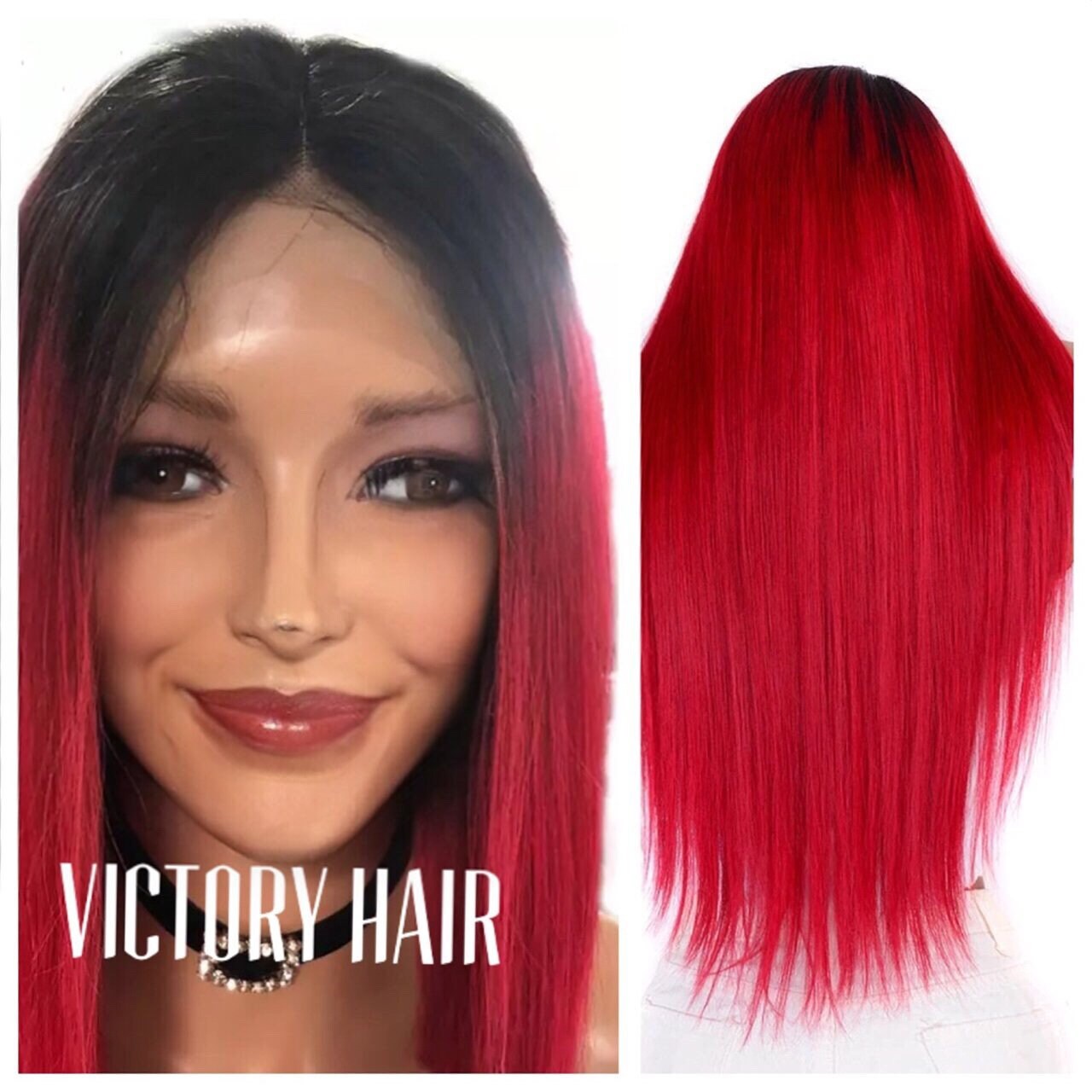 Red Ombre Straight Black Dark Root Lace Front Wig Human Hair Blend