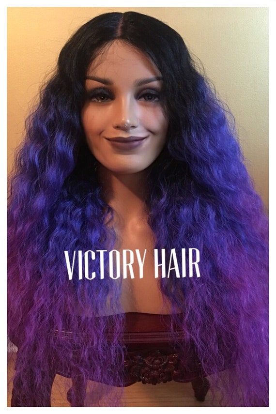 Purple Ombre Blue Dark Root Lace Front Wig Wavy Human Hair Blend Yaki