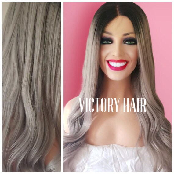 Black Root Ombre Silver Gray Grey Lace Front Wig Human Etsy