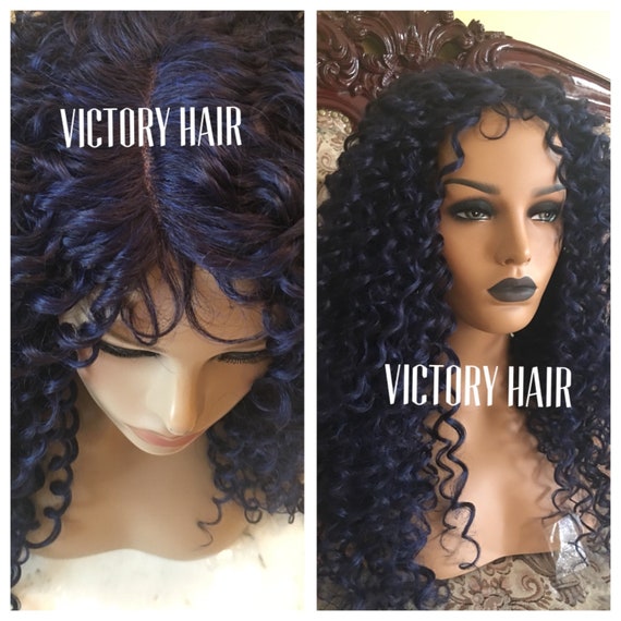 Tight Curly Blue Ombre Lace Front Wig Human Hair Blend Etsy