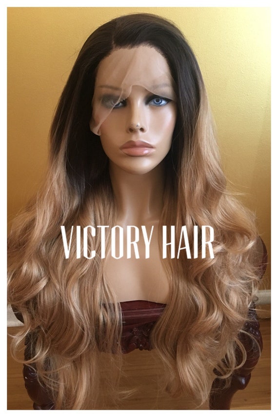 Wavy Golden Brown Ombre Dark Brown Root Lace Front Wig Etsy