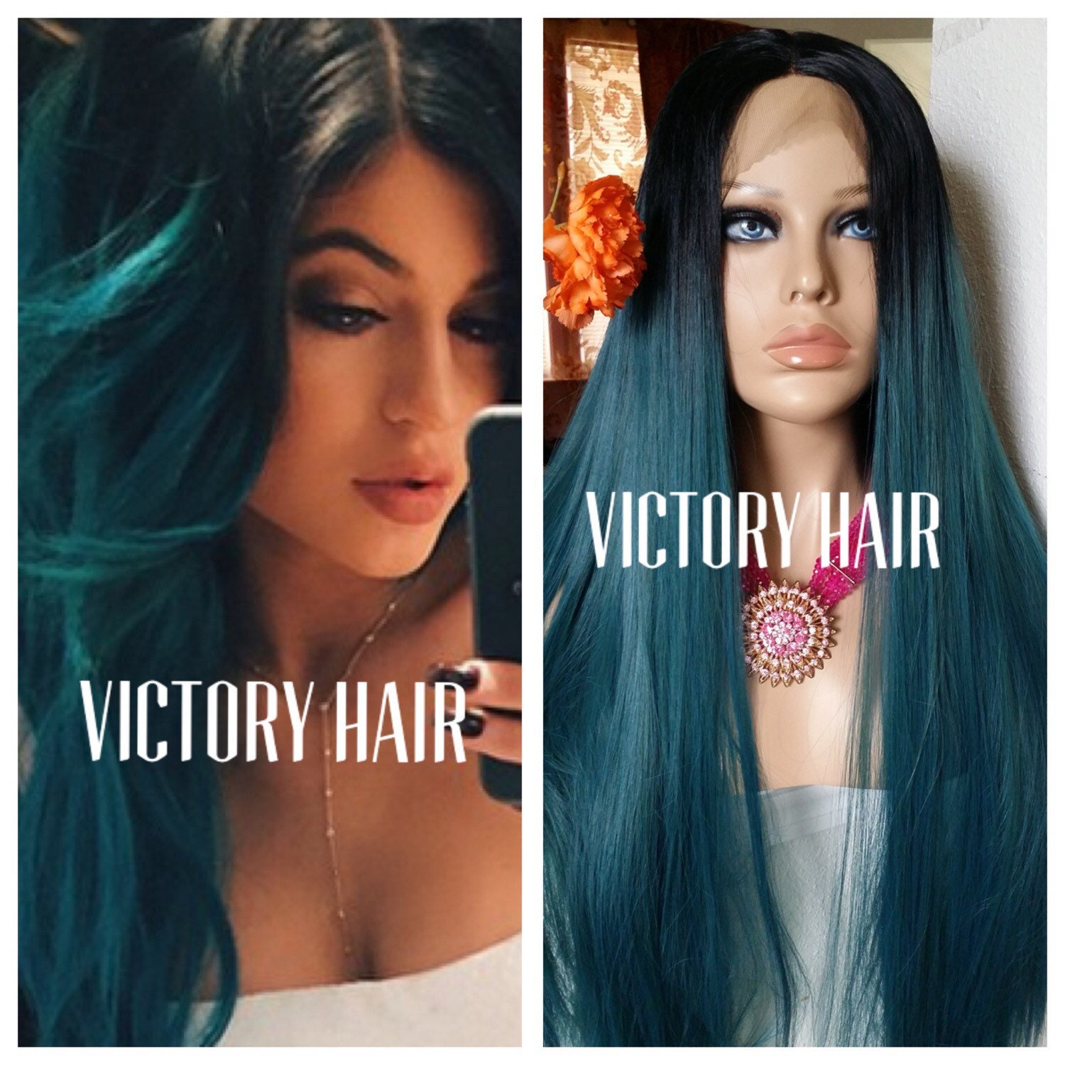 Celebrity Kylie Jenner Teal Ombre Dark Root Lace Front Wig Etsy