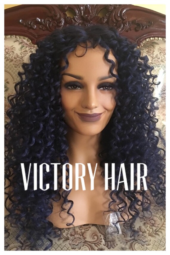 Tight Curly Blue Ombre Lace Front Wig Human Hair Blend Etsy
