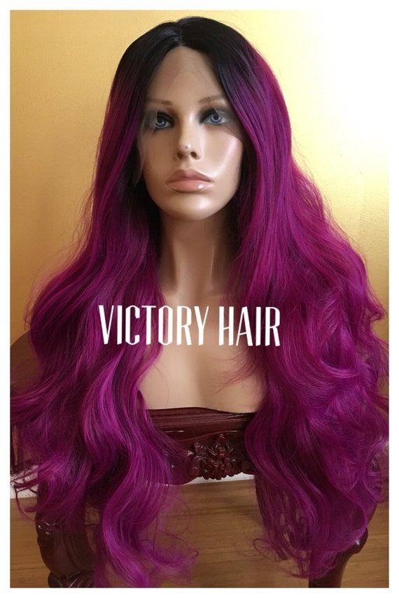 Wavy Purple Blush Ombre Dark Black Root Lace Front Wig Human Hair Blend Heat Safe