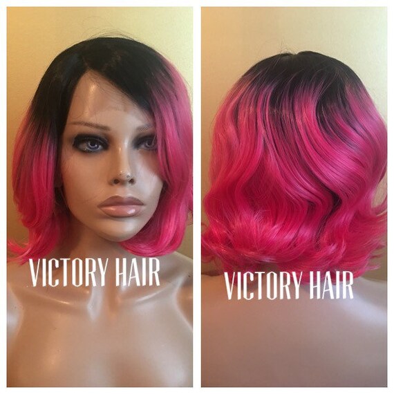Hot Pink Short Stylish Curl Black Root Lace Front Wig Human Etsy