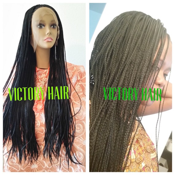 Long Hand Braided Black Neat Braids Micro Lace Front Wig Etsy