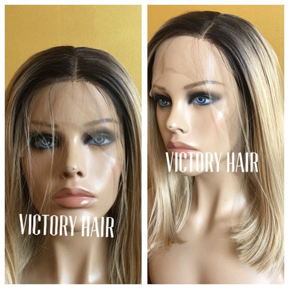 Short Bob Dark Brown Root Blonde Lace Front Wig Etsy