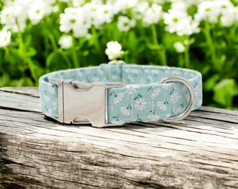Teal & White Flowers Dog Collar handmade by The Oxford Dog | Girl Dog Collar | Floral Dog Collar