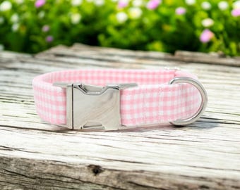 Pink Gingham Dog Collar handmade by The Oxford Dog | Girl Dog Collar | Pink Dog Collar