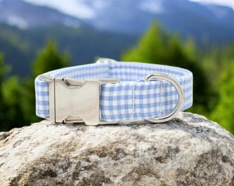 Light Blue Gingham Dog Collar handmade by The Oxford Dog | Boy Dog Collar