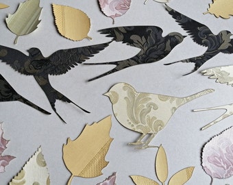 Papel pintado decorativo silueta en forma de hojas y pájaros, decoración de pared para pegar a la pared o para enmarcar