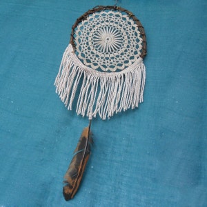 Boho dreamcatcher whit real feathers wall art farmhouse decor or new home gift, fringe trim dream catcher baby shower gift home decorations