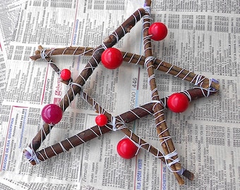 Handmade christmas ornaments stars decorations of natural wood branch for the home, sustainable products