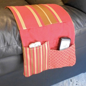 Sofa organizer remote control holder armchair from fabric scraps, magazines holder newspaper pocket, living room space saver, phone holder