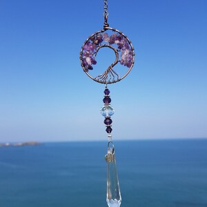 unique mothers day gift, amethyst crystal, sun-catcher, gift for her, chakra tree of life suncatcher, crystal anniversary, glass sun catcher