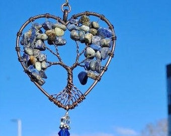 Garden decor, Crystal suncatcher, Lapis Lazuli, glass sun catcher, Chakra tree of life sun-catcher, body cleanse, mental health blue crystal