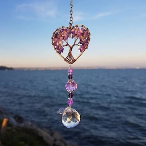 unique mothers day gift, amethyst crystal, sun-catcher, gift for her, chakra tree of life suncatcher, crystal anniversary, glass sun catcher