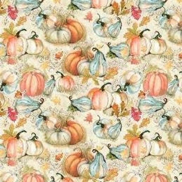 1/2 yard of 44" Pumpkins & Gourds Seafoam Green Orange Susan Winget 100% Cotton Fabric Autumn Fall Halloween Thanksgiving Harvest