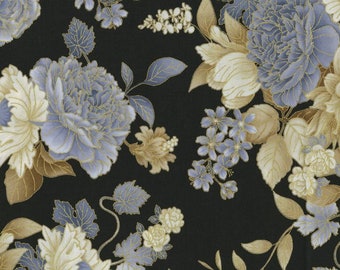 Remnant 24 x 44 Large Blue Cream Flowers Floral Gold on Black 100/% Cotton Fabric Spring Summer Quilt