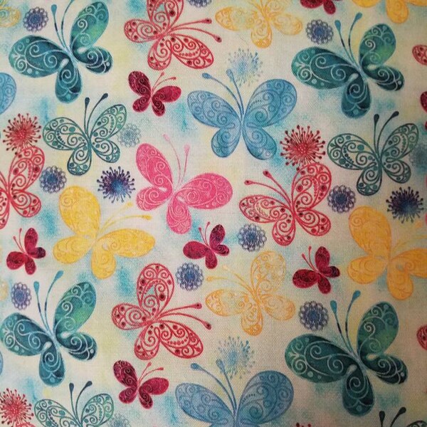 1/2 yd of 43" Blue Yellow Pink Red Butterflies 100% Cotton Fabric Butterfly Blue Background Swirls