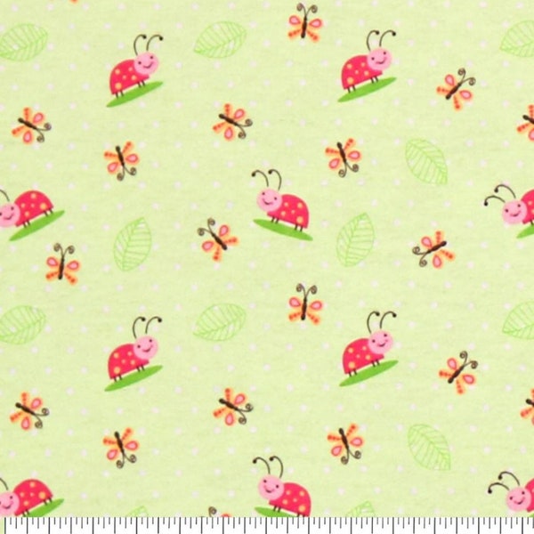 Flannel 1/2 yard of 42" Ladybug Butterfly on Green Super Snuggle 100% Cotton Fabric Pink White
