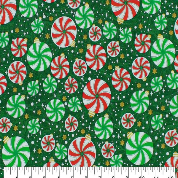 1/2 yard of 44" Tossed Peppermint Ornaments on Green 100% Cotton Fabric Red White Christmas Winter Holiday Candy