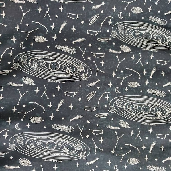 1/2 yard of 44" White Solar System on Navy Blue Background 100% Cotton Fabric Cosmic Space Comet Planets Asteroid Constellation Sci-Fi Stars