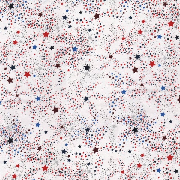 1/2 yard of 43" Red Blue Silver Glitter Pow Swirl Stars on White 100% Cotton Fabric Memorial 4th of July Patriotic Independence Day