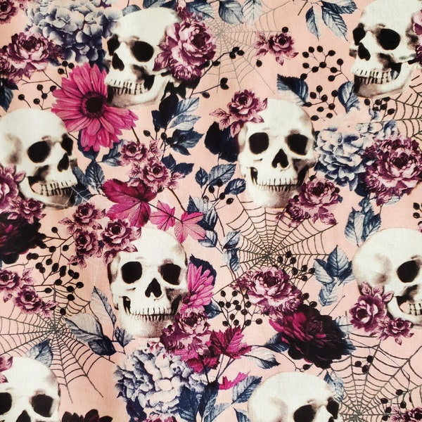 1/2 yard of 44" Skulls & Fall Flowers on Pink Background Fabric 100% Cotton Halloween Dia de los Muertos Day of the Dead