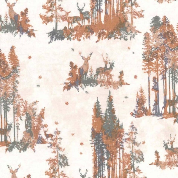 1/2 yard of 42" Deer in Woods 100% Cotton Fabric Brown & Green on Beige Autumn Fall Harvest Winter Holiday